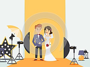 Bride and groom at wedding photoshoot in photo studio, vector illustration. Newlywed couple cartoon character