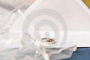 A bride and grooms wedding bands with a vail and  wedding invitations