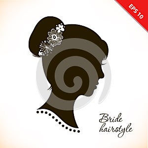 Bride hairstyle. Beautiful illustration with woman head silhouette.