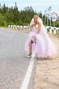 Bride hitching on a road