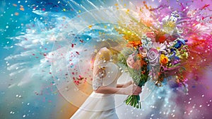 Bride holding a colorful bouquet, with a dynamic explosion of flowers and colors, AI-generated.