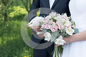 Bride holding in her hands a delicate wedding bouquet with white and pink tulips and pink small roses. Groom holding a white cute