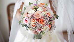 Bride holding pink wedding bouquet. AI generated.