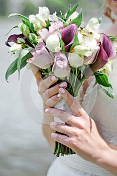 The bride holding soft wedding bouquet of roses, nice wedding bouquet in bride`s hand