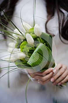 Bride holding wedding bouquet from white tulipes and golden-daisies