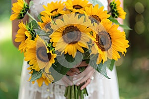 A bride holds a vibrant bouquet of sunflowers