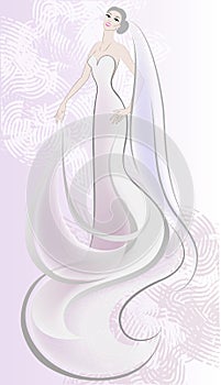 Bride in long chic white dress. Wedding fashion. Vector Invintation design. Woman silhouette