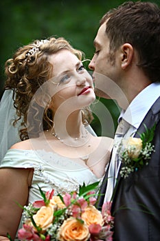 Bride looking in groom's eyes