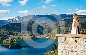 Bride looking on Lake Bled, Slovenia