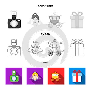 Bride, photographing, gift, wedding car. Wedding set collection icons in flat,outline,monochrome style vector symbol