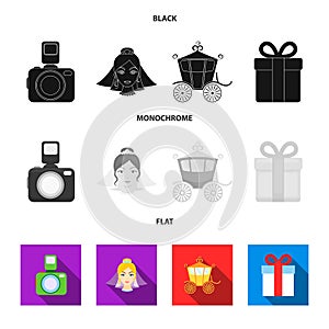 Bride, photographing, gift, wedding car. Wedding set collection icons in black, flat, monochrome style vector symbol