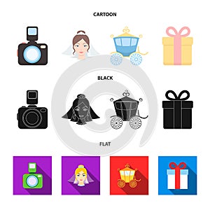 Bride, photographing, gift, wedding car. Wedding set collection icons in cartoon,black,flat style vector symbol stock