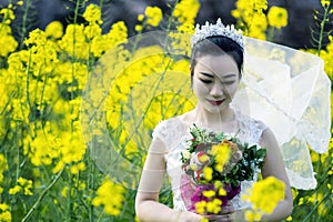 Bride portraint with white wedding dress in cole flower field photo