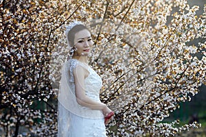 Bride portraint with white wedding dress in front of Cherry blossoms