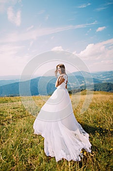 Bride posing on the golden autumn field with a marvelous mountain landscape behind her