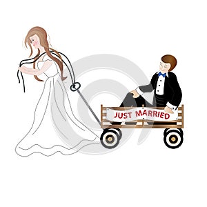 BRIDE  PULLING Groom in Wagon with sign Just Married