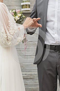 Bride putting a wedding ring on groom's finger. vertical photo