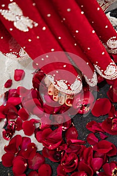 Bride in a red Sari. Beautiful traditional Indian wedding ceremony. bride`s hand is decorated with mehendi and bracelets