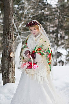 Bride in red scarf Russian style