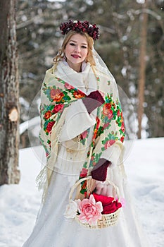 Bride in red scarf Russian style