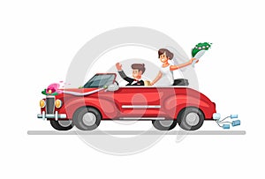 Bride on retro convertible car just married couple. wedding car symbol in cartoon illustration vector on white background