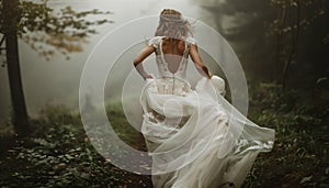 Bride run away from wedding. AI generated.