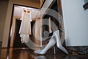 Bride`s bedroom. boudoir. Wedding interior. Morning Bride Fees