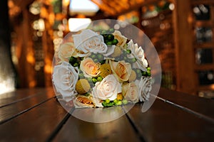 The bride`s bouquet. The bride`s flower bouquet of gorgeous, multicolored flowers.