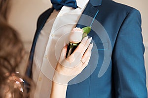 Bride`s hand attaches a rose boutonniere