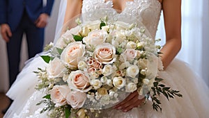 Bride's hands holding bouquet of flowers close-up beautiful decoration