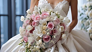 Bride's hands holding bouquet of flowers close-up beautiful design tradition