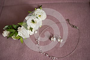 Bride`s jewelry. Necklace, flower barrette, earrings