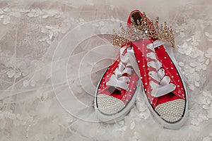 Bride's Red Canvas Shoes with Tiara