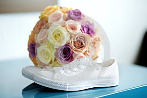 Bride`s white sneackers and beautiful bridal bouquet photo