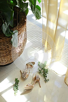 Bride shoes lying near basket with housepant.