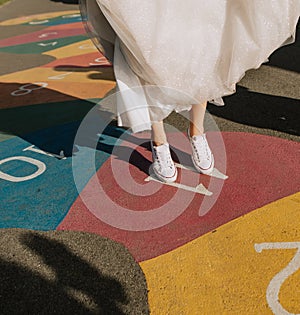 bride shoes sneakers jumping playing colored numbers