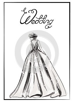 Bride silhouette Vector line art. Beautiful long dress . Template for design cards