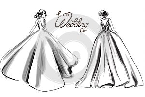 Bride silhouette Vector line art. Beautiful long dress . Template for design cards