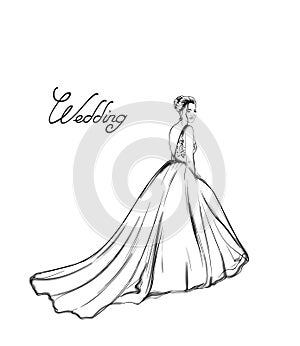 Bride silhouette Vector line art. Beautiful long dress . Template for design cards