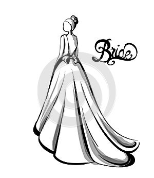 Bride silhouette Vector line art. Beautiful long dress . Template for design cards