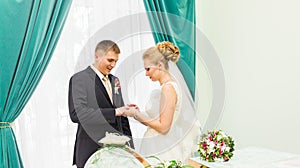 Bride slipping ring on finger of groom at wedding