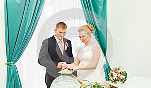 Bride slipping ring on finger of groom at wedding