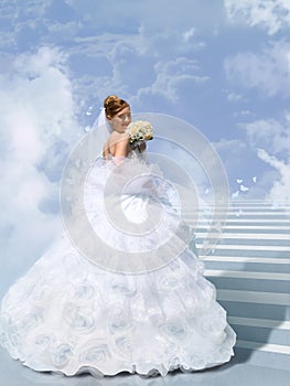 Bride on stair to cloud collage photo