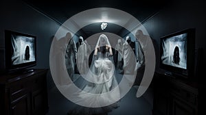Bride surrounded by ghostly figures in a creepy hallway with tvs