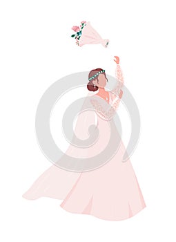 Bride throwing bouquet semi flat color vector character
