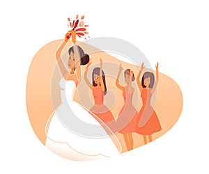 Bride throws bouquet flat vector illustration