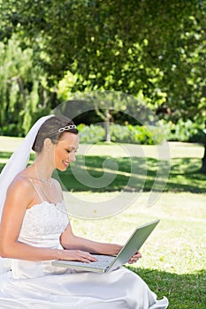 Bride using laptop on grass at garden