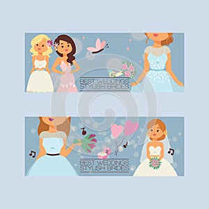 Bride vector bridesmaid woman character in wedding dresses wearing white dressing accessories and bridal celebration