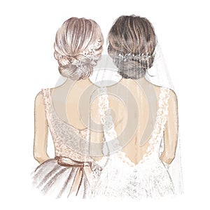 Bride in Veil and blonde Bridesmaid. Hand drawn Illustration