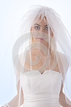 Bride with veil on the face in front of the camera